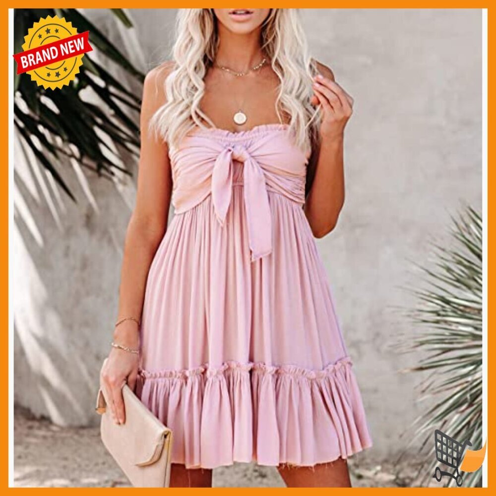 Cotton Rayon Tie Front Mini Dress Strapless Boho Beach Casual Summer - Picture 3 of 7